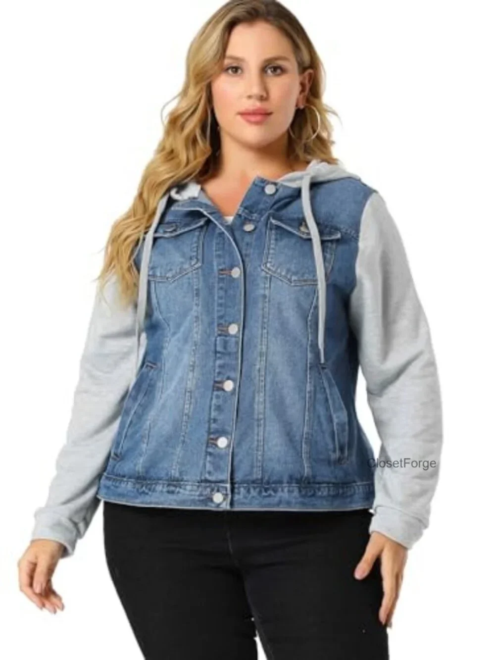 Plus Size Denim Jacket with Drawstring Hoodie Button Up